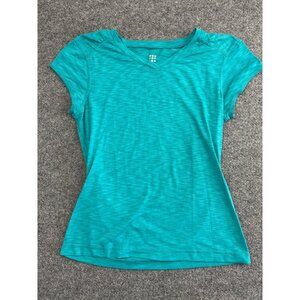 Title Nine Short Sleeve T-Shirt Women's Small Blue Ruched Shoulders V-Neck Top